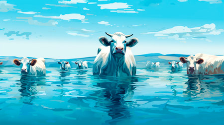 a group of cows in the ocean with a sky backgroundの素材