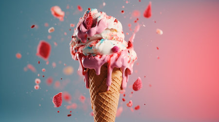 a cone of ice cream with sprinkles and flowersの素材