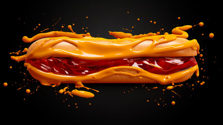 a hot dog covered in mustard and ketchupの素材