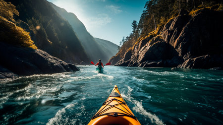 a person in a kayak paddling on a riverの素材