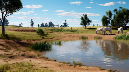 a horse standing in a shallow body of waterの素材