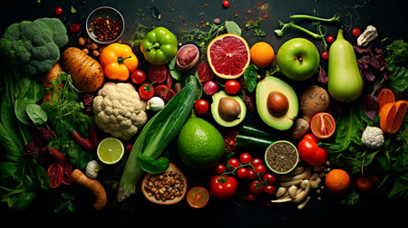 Foto per a large group of fruits and vegetables on a black background - Immagine Royalty Free