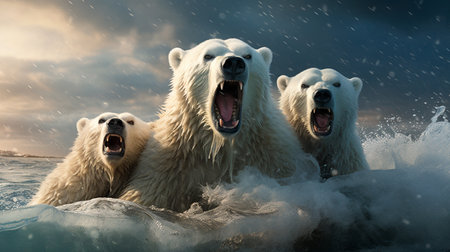 three polar bears are in the water with their mouths openの素材