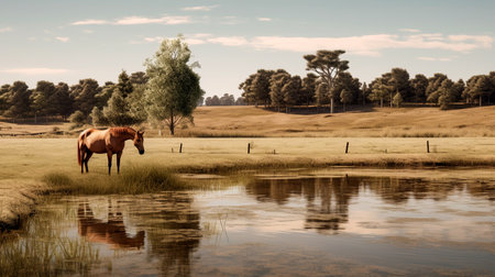 a horse standing in a shallow body of waterの素材