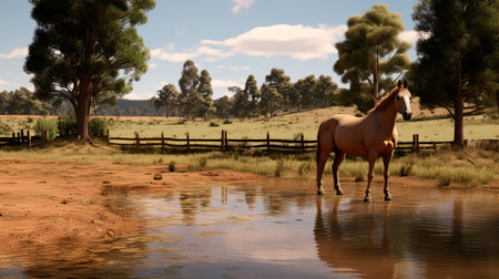 a horse standing in a shallow body of waterの素材
