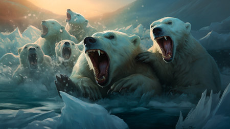 three polar bears are in the water with their mouths openの素材