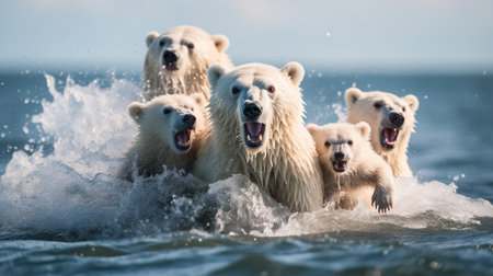 three polar bears are in the water with their mouths openの素材
