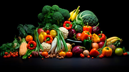 a large group of fruits and vegetables on a black backgroundの素材