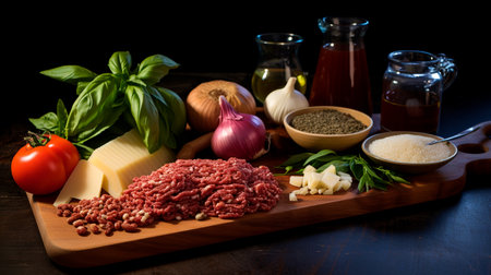 a cutting board with ingredients for a meat and vegetable dishの素材