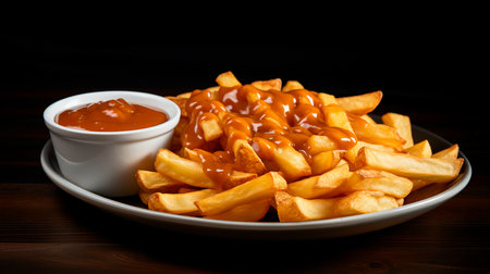a plate of French fries with a dipping sauceの素材