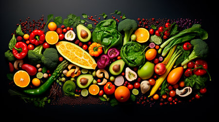 a large group of fruits and vegetables on a black backgroundの素材