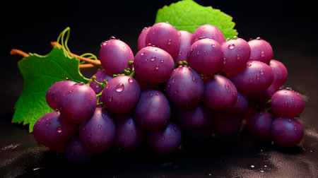 a bunch of grapes with a leaf on a black surfaceの素材
