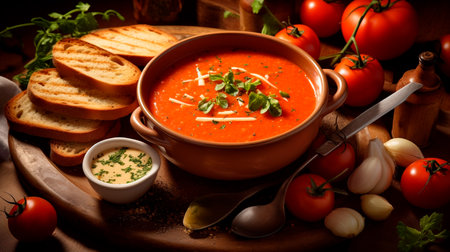 a bowl of soup with bread and tomatoesの素材