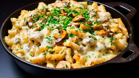 a dish of pasta with mushrooms and cheeseの素材