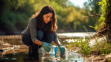 a woman picking up plastic bottles from a riverの素材