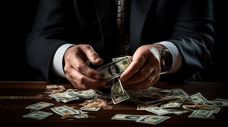 a man in a suit holding a stack of moneyの素材