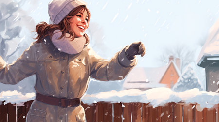 a woman in a winter coat and hat is looking at a birdの素材