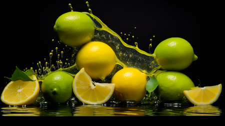 a lemon and a lime with leaves on a tableの素材