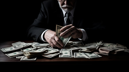 a man in a suit holding a stack of moneyの素材