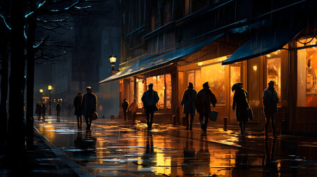 a group of people walking down a street at nightの素材