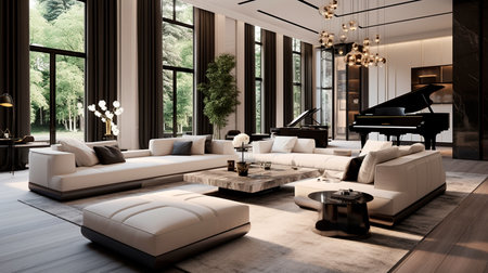 a living room with a piano and a piano tableの素材