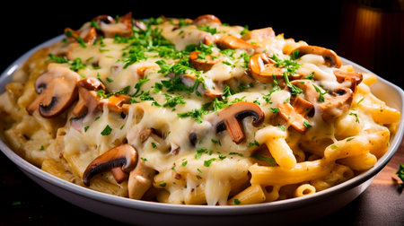 a dish of pasta with mushrooms and cheeseの素材