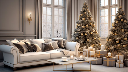 a living room with a Christmas tree and a couchの素材