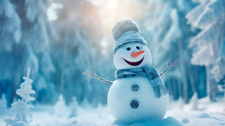 a snowman in a snowy forest with a bright sunの素材