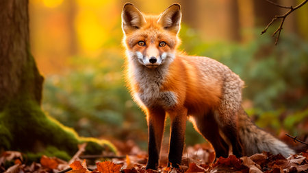a fox in the woods looking at the cameraの素材