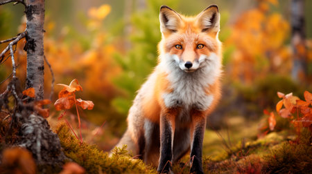 a fox in the woods looking at the cameraの素材