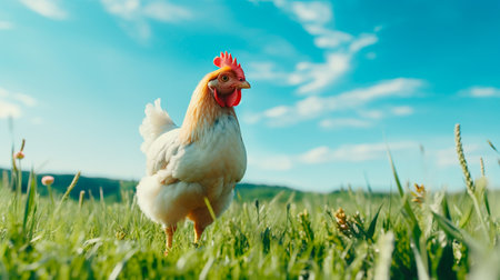 a rooster standing in a field of grassの素材