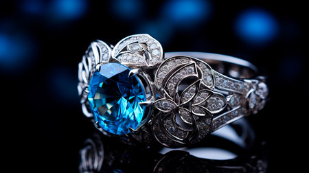 a blue diamond ring with a diamond haloの素材