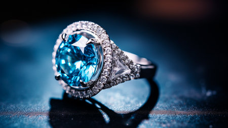 a blue diamond ring with a diamond haloの素材