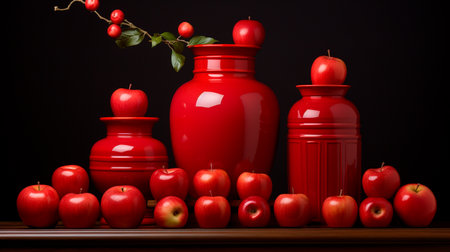 two red vases with branches in themの素材