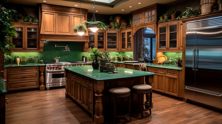 a kitchen with green cabinets and a white counter topの素材