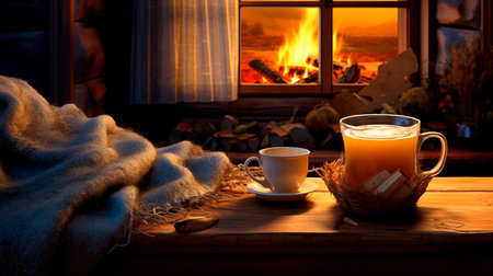 a cozy cabin with a fire place and a cup of coffeeの素材