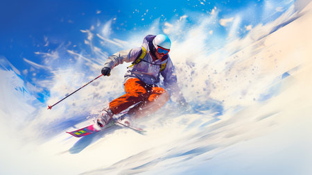 a skier skiing down a snowy mountain slopeの素材