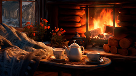 a cozy cabin with a fire place and a cup of coffeeの素材