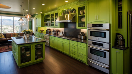 a kitchen with green cabinets and a white counter topの素材
