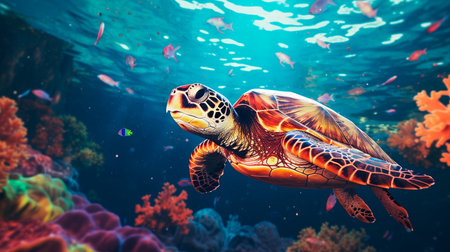 a turtle swimming in the ocean with a colorful backgroundの素材