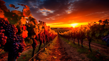 a vineyard with a sunset in the backgroundの素材