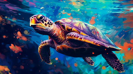 a turtle swimming in the ocean with a colorful backgroundの素材