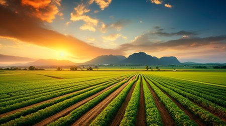 a field of lettuce at sunsetの素材