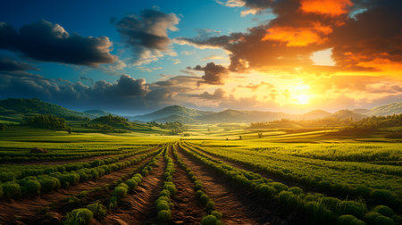 a field of lettuce at sunsetの素材