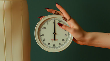 a woman holding a clock in her handの素材