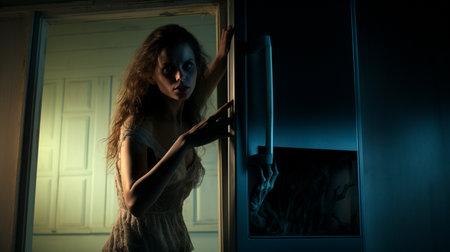 a woman in a white dress is opening a doorの素材