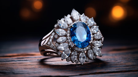 a blue diamond ring with a diamond haloの素材