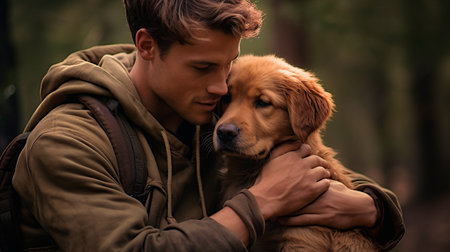 a man holding a dog in his armsの素材