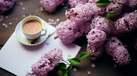 a cup of coffee and a bunch of lila flowersの素材