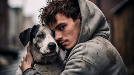 a man holding a dog in his armsの素材